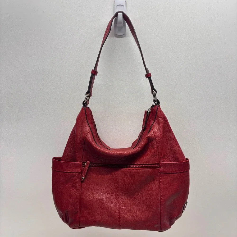 Tignanello Hobo Shoulder Bag Pebbled Leather Red Silver Hardware Buckle Y2K